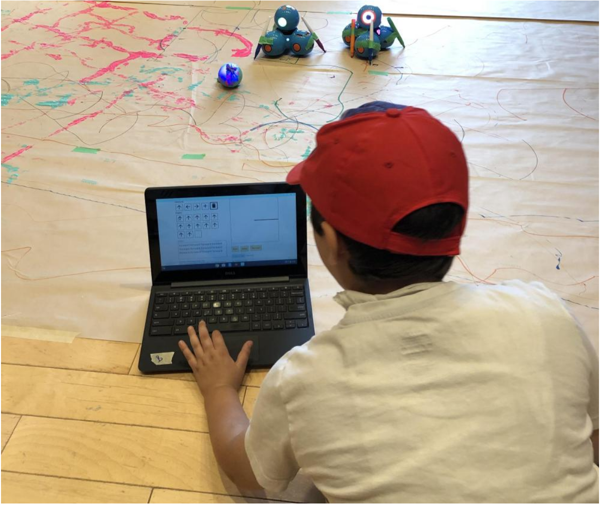 Camper coding sequences to create art with paint, markers and the Dash and Sphero robots.