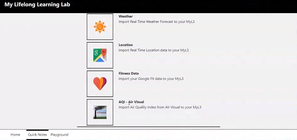 MyL3 Quick Note icons for Weather, Location, Fitness Data and Air Quality