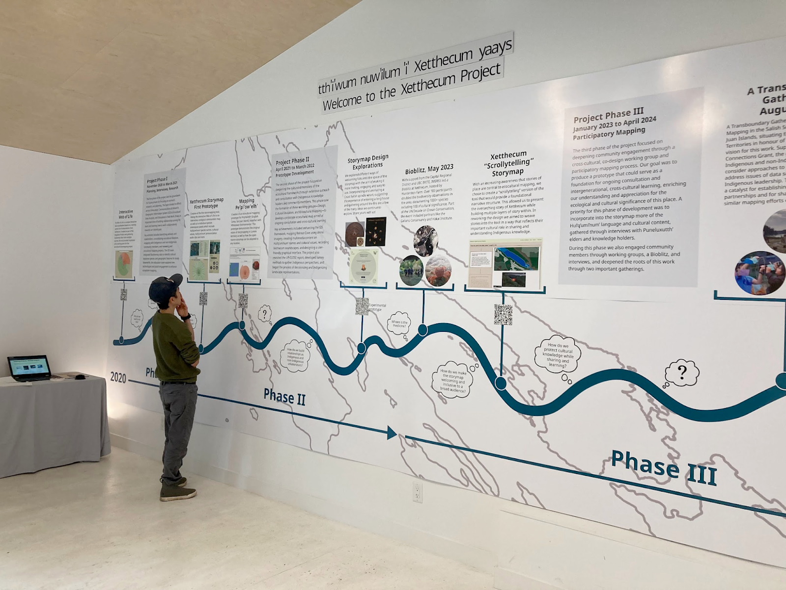 A person stands in front of the timeline in the gallery, reading the content.