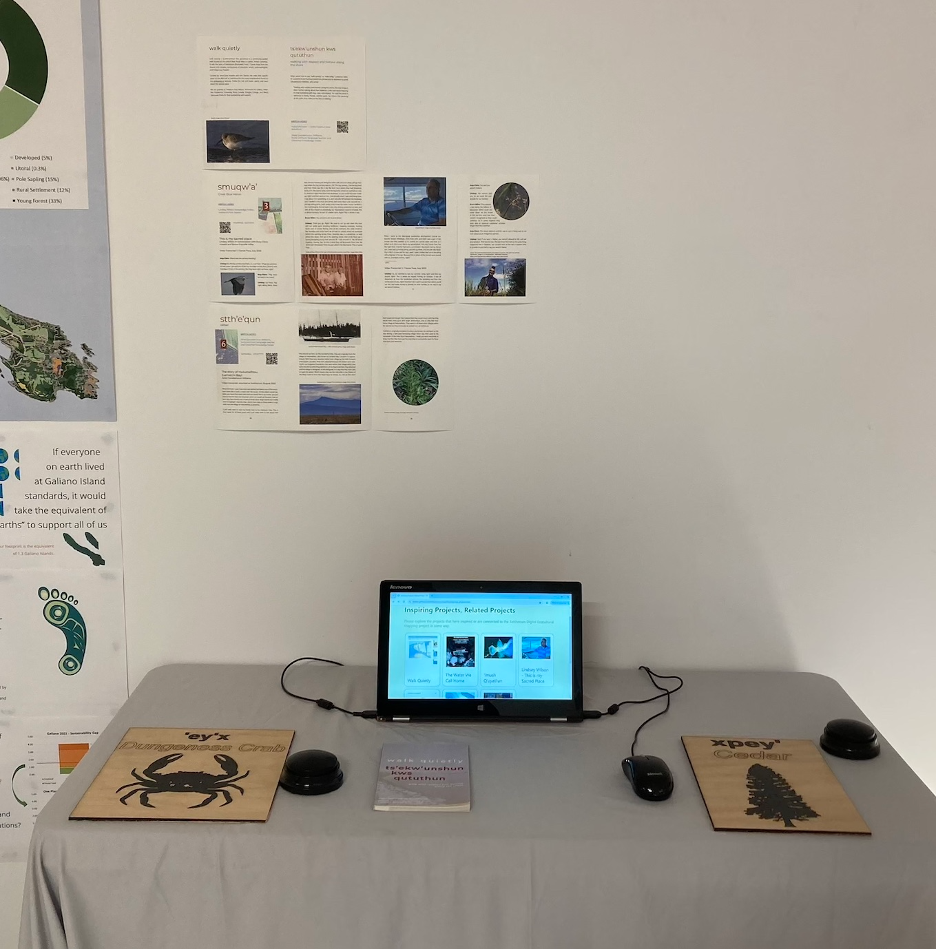 A table covered in a tablecloth with an open laptop on top showing a webpage, with a book, wooden panels and
    black buttons lying in front. Text and images are mounted on the wall behind.